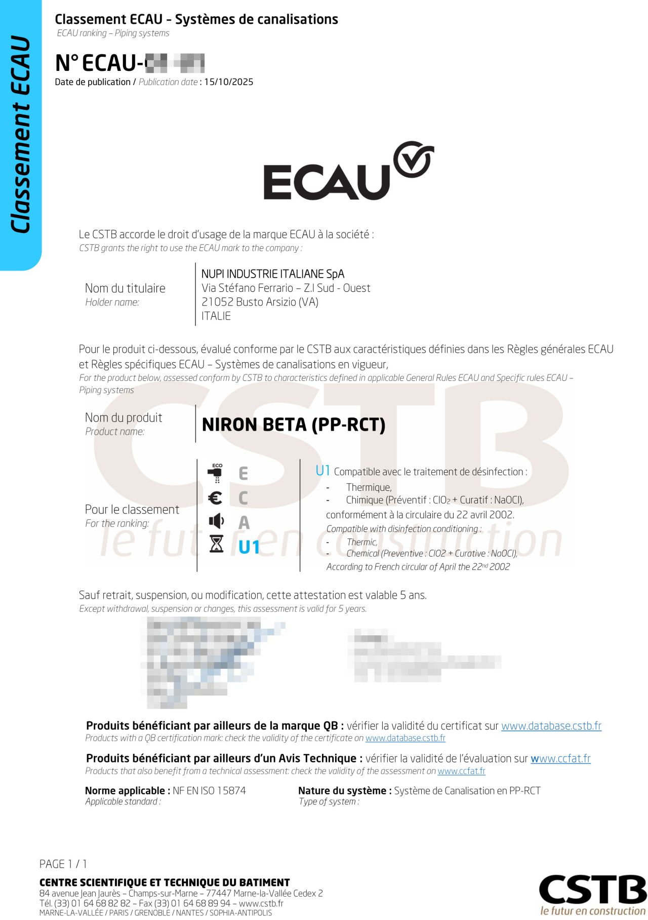 NIRON BETA OTTIENE LA CLASSIFICAZIONE ECAU
